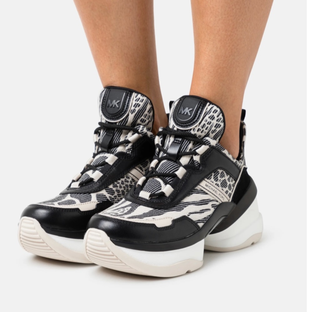 MICHAEL KORS Olympia Leather And Animal Print Jacquard Trainer In Black size 6,5